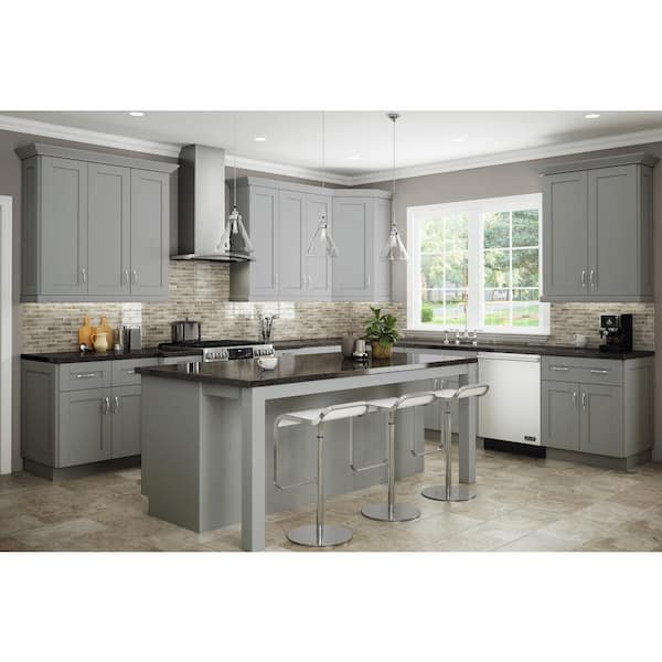 Contractor Express Cabinets Arlington Veiled Gray Plywood Shaker Stock Assembled Pantry Kitchen Cabinet Soft Close Left 18 in W x 24 in D x 96 in H