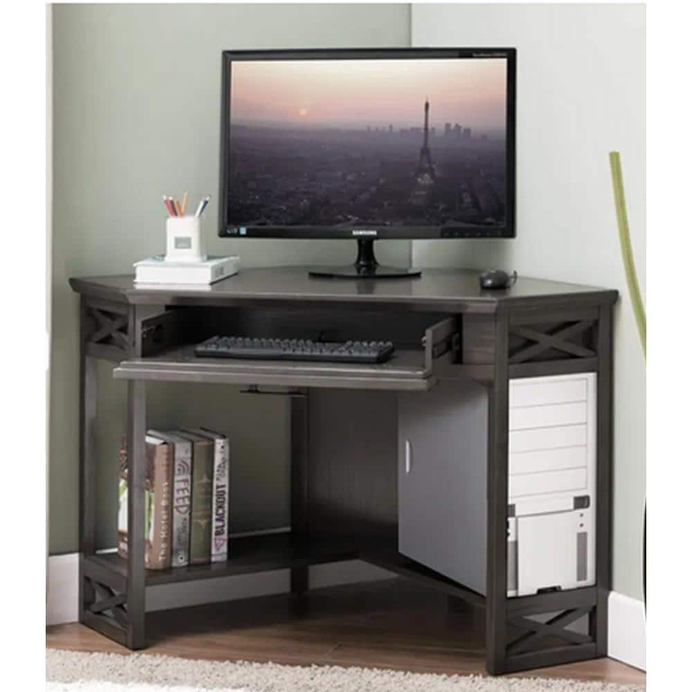 Elegant Black Oak Corner Writing Desk with Drawer and Keyboard Tray