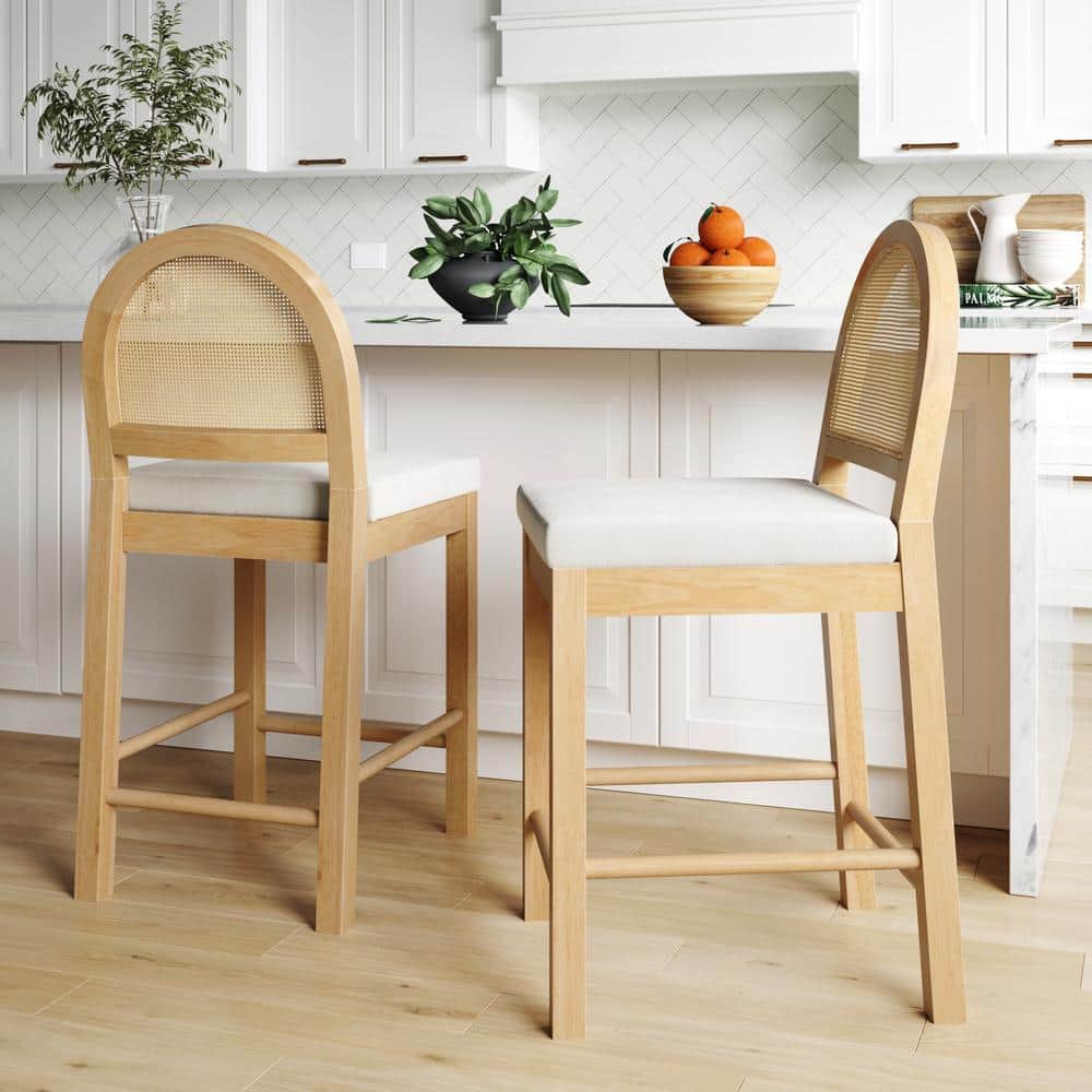 Light Oak and Rattan Counter Height Bar Stools with Boucle Seats, Set of 2