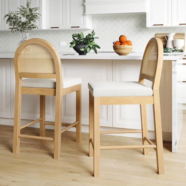 Bailey Boucle Upholstered Rattan Bar Stool or Counter Height Stool with Natural Rattan Woven Back for Kitchen Island