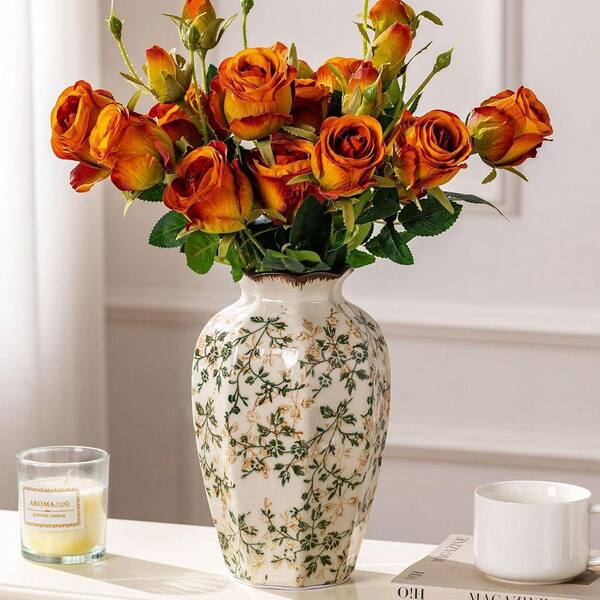 9.1 in. Green and Beige Porcelain Decorative Vase Vintage Pastoral