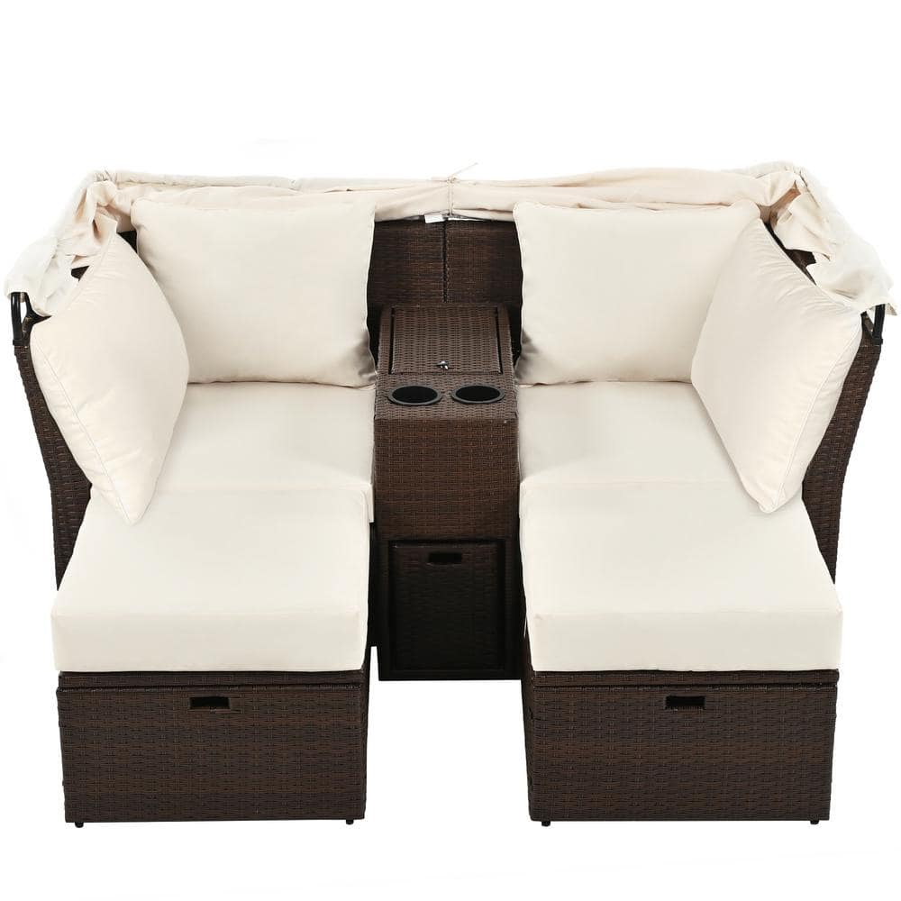 Dark Brown Wicker Outdoor 2-Seater Loveseat Sofa Set, Patio Double Daybed, 