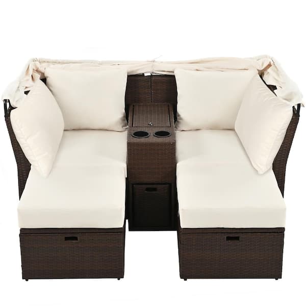 Unbranded Dark Brown Wicker Outdoor 2-Seater Loveseat Sofa Set, Patio Double Daybed, with Foldable Awning and Beige Cushions