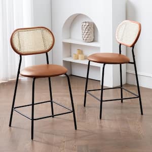 24 in. Red Brown Metal Frame Rattan Counter Height Bar Stools With Faux Leather Seat (set of 2)