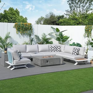 Gray 7-Piece Aluminum Patio Fire Pit Sectional Seating Set with Gray Cushions
