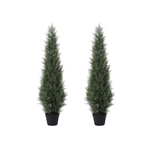 4 ft. Artificial Cedar Topiary Trees , Fake Cypress Plants with Solar Light String, Faux uv resistant Plants set of 2