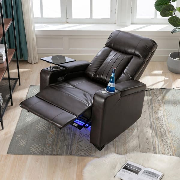 Brown Leather Premium Power Recliner with Storage Arms