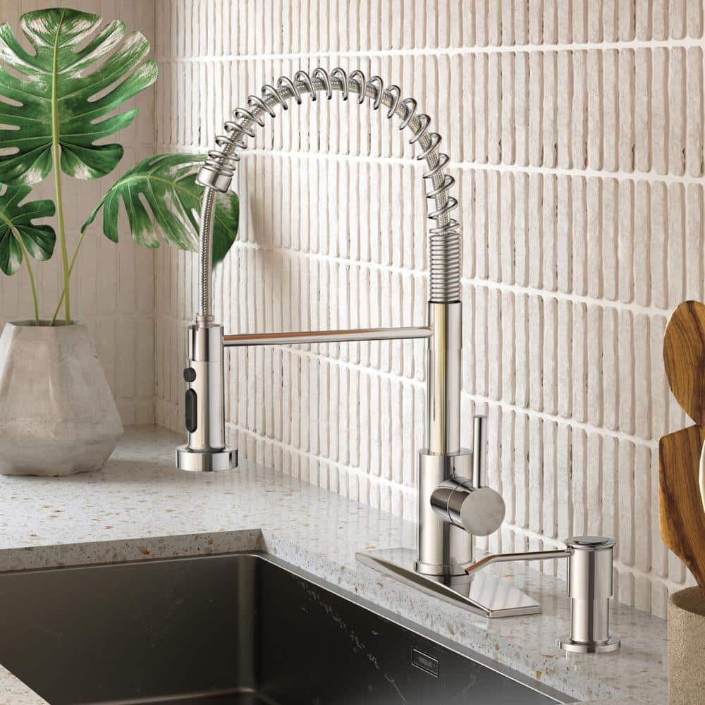 Chrome High-Arc Kitchen Faucet with Pull-Out Spray and Soap Dispenser