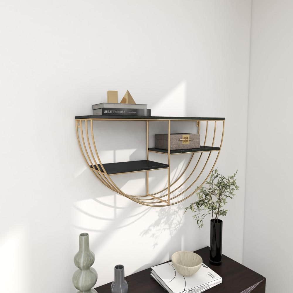 Elegant Black and Gold 28" Floating Half Moon Wall Shelf