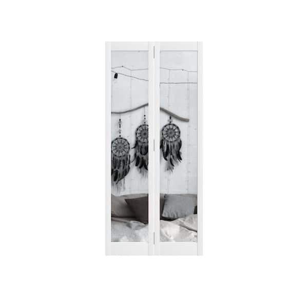 48 in. x 78 in. Jessica 2-Lite Tempered Mirrored Glass Bi-Fold Sliding Door White Wood Barn Door Slab and Hardware Kit