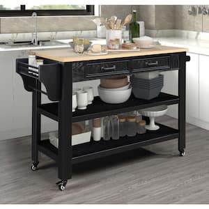 Retro Rolling Black Solid Oak Wood Countertop 57 in. Kitchen Island with Drawers