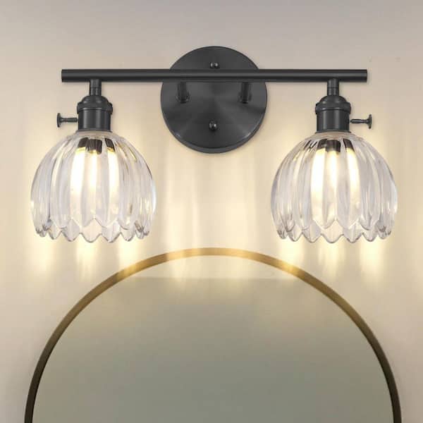 14.9 in. 2-Light Black Dimmable Bathroom Vanity Light, with Clear Glass Shades, for Living Room, Bedroom, Laundry Room