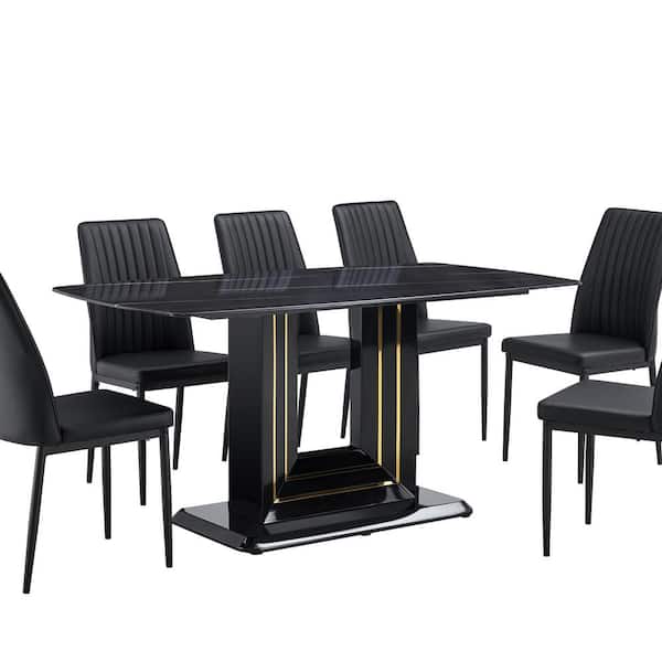 Polibi 7-Piece Faux Marble Top Dining Table Set for 6 with MDF Base, Dining Table and 6 Chairs Black