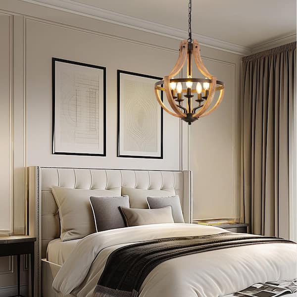 Modern Geometric 5-Light Chandelier, Black and White Wood Finish, Industrial Hanging Light Fixture for Dining Table
