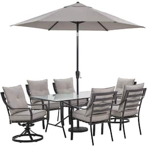 Lavallette 7-Piece Steel Outdoor Dining Set with Silver Linings Cushions, Chairs, Swivel Rockers, Table, Umbrella/Base