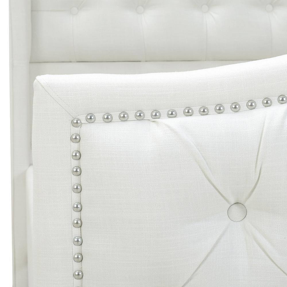 Antique White Tufted Upholstered Queen Bed with Nailhead Trim