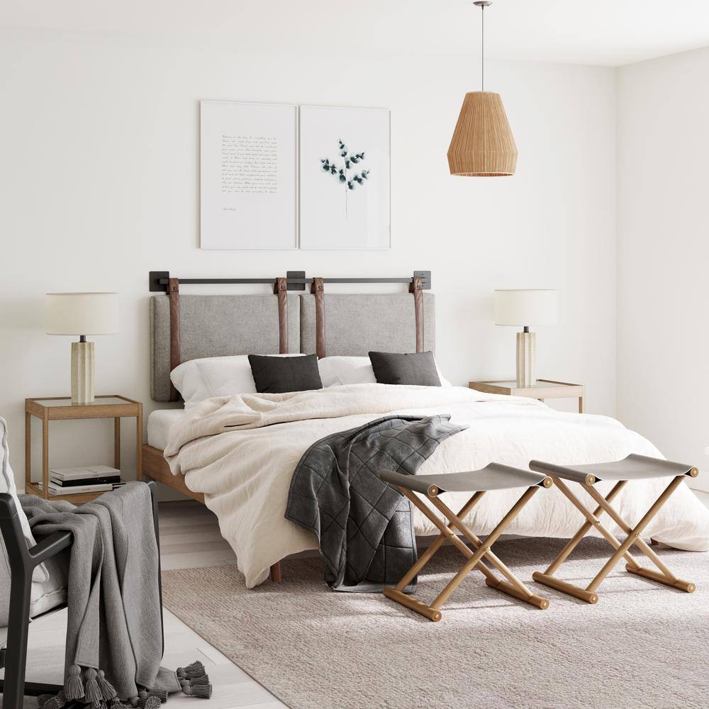 Gray Upholstered King Wall Mount Headboard with Leather Straps