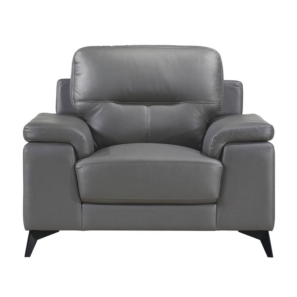 Gray Leather and Manufactured Wood Stationary Accent Chair