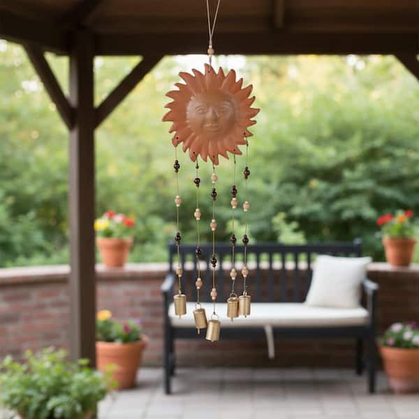 36 in. Brown Metal Sun Face Hanging Wind Chime with Beads and Bells
