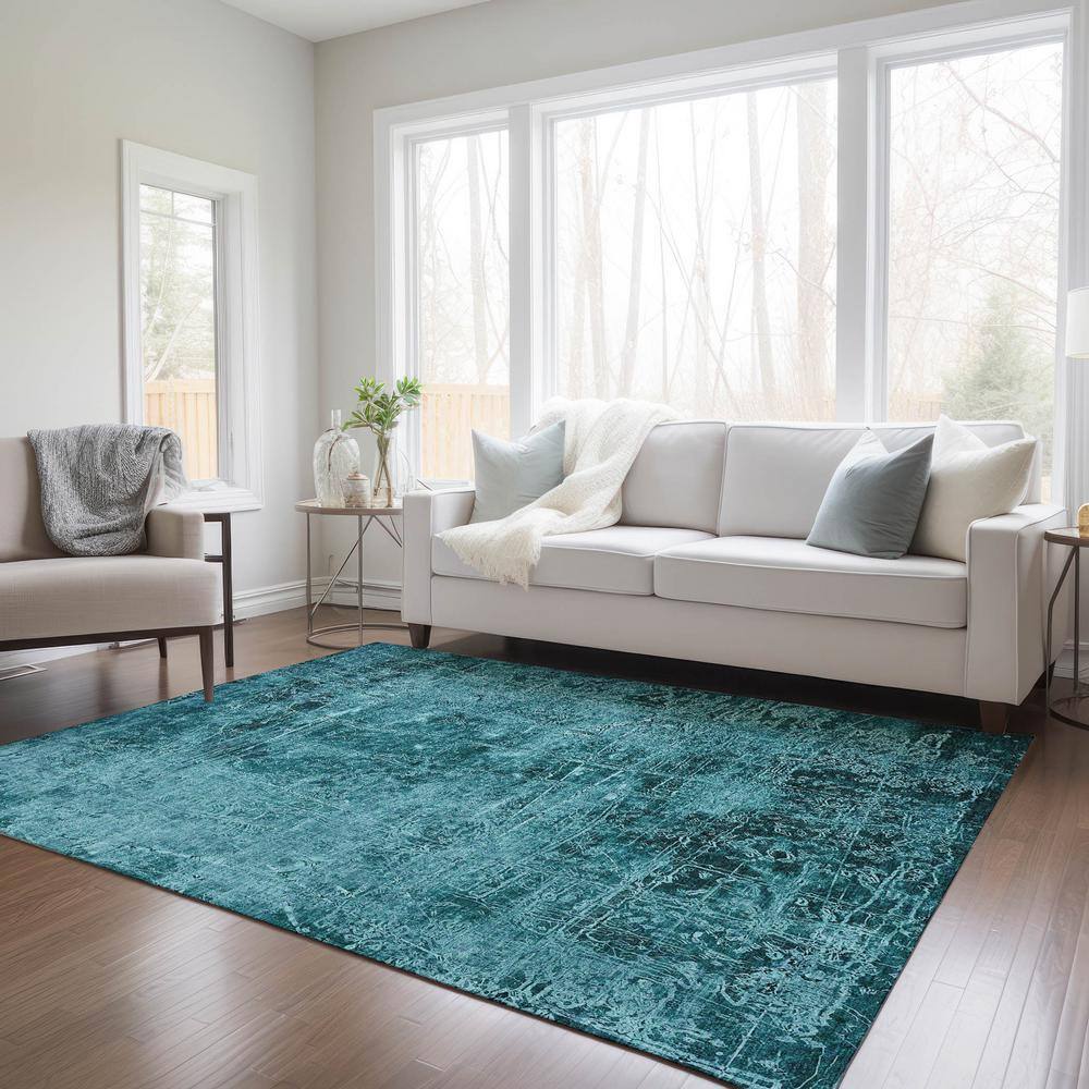 Teal Rectangular Synthetic Flat Woven Washable Rug 3' x 5'