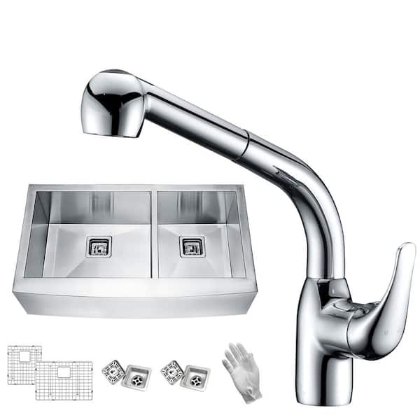 ANZZI Elysian Farmhouse Stainless Steel 36 in. 60/40 Double Bowl Kitchen Sink with Faucet in Polished Chrome