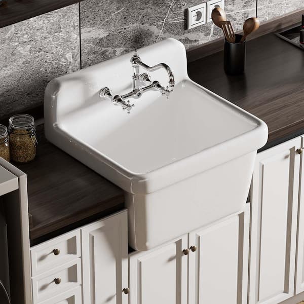Simple Project 24 in. Drop-in/Wall Mount Single Bowl White Ceramic Kitchen Sink Farmhouse Utility Sink Laundry Sink