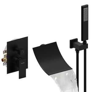 Single-Handle Wall-Mount Roman Tub Faucet with Hand Shower and Waterfall Tub Faucet in Matte Black