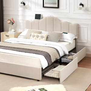 Upholstered Bed with Type-C and USB Charging Stations, Metal Frame Full Platform Bed Beige with and 4-Storage Drawers