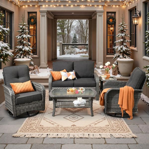 Denali Gray 5-Piece 4-Seat Wicker Modern Outdoor Patio Conversation Sofa Swivel Chair Set with Black Cushions