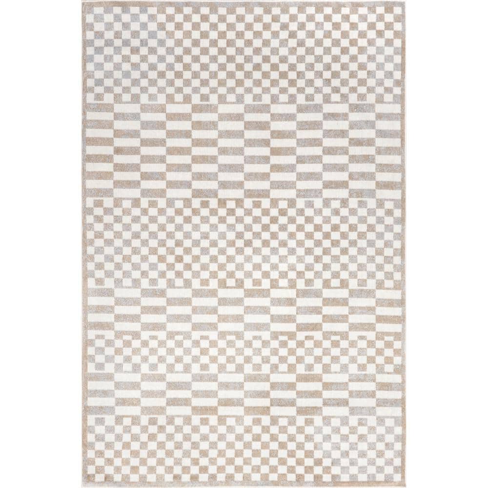 Beige and White Geometric 4' x 6' Washable Area Rug