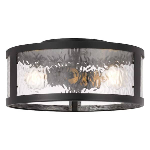 Worldwide Lighting Savannah 11.8 in. x 11.8 in. x 5.8 in. 2-Light Black Finish Water Grain Glass Flush Mount