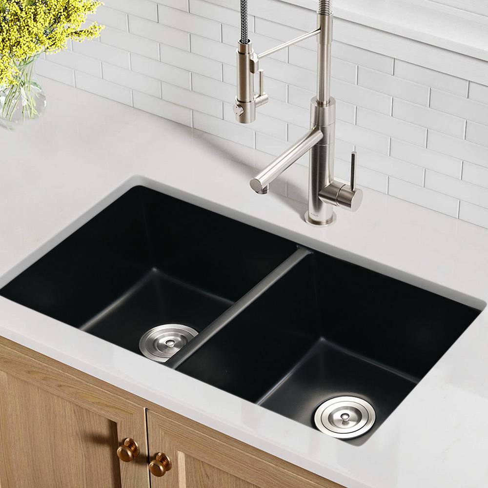 Matte Black Quartz Double Bowl Undermount Kitchen Sink with Basket Strainer