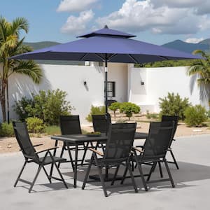 9-Piece Dark Gray Aluminum Outdoor Dining Set with Foldable Recliner Chairs, Navy Market Patio Umbrella and Wheeled Base