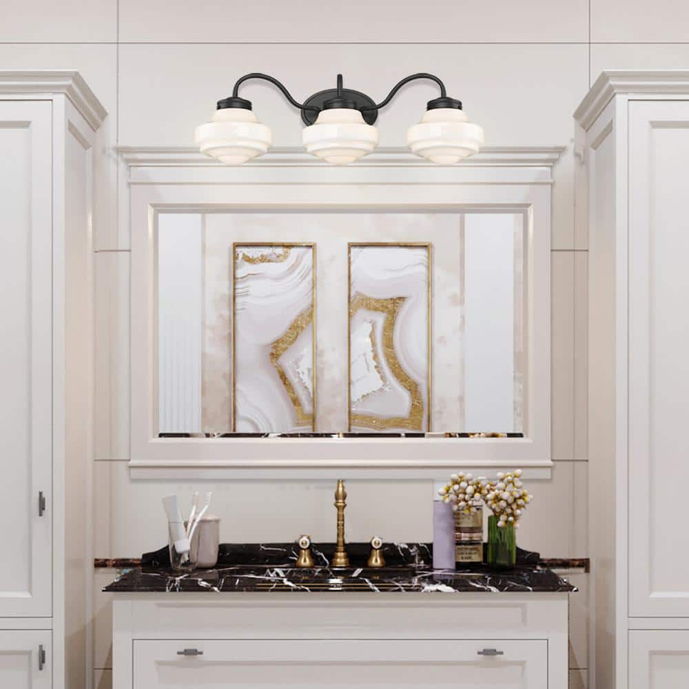 Matte Black and White Glass 3-Light Bath Vanity Fixture