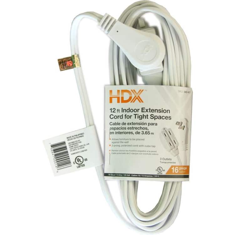 HDX 12 ft. 16/2 Light Duty Indoor Tight Space Multi-Outlet Extension Cord, White