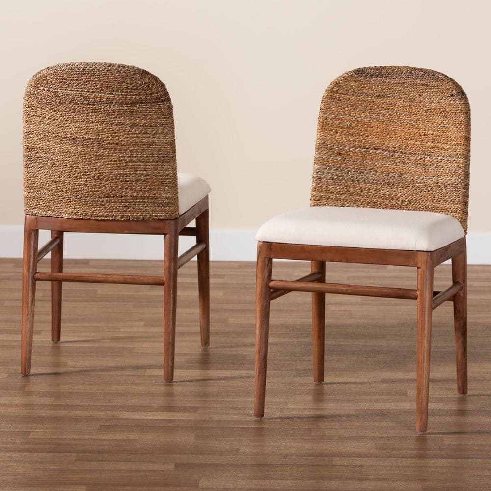 Nadim Natural Seagrass and Acacia Wood Upholstered Side Chair Set