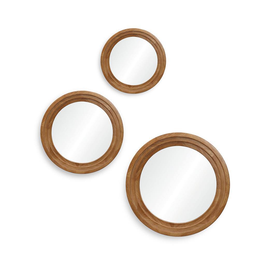 Brown Round Rubberwood 3-Piece Bathroom Vanity Mirror Set
