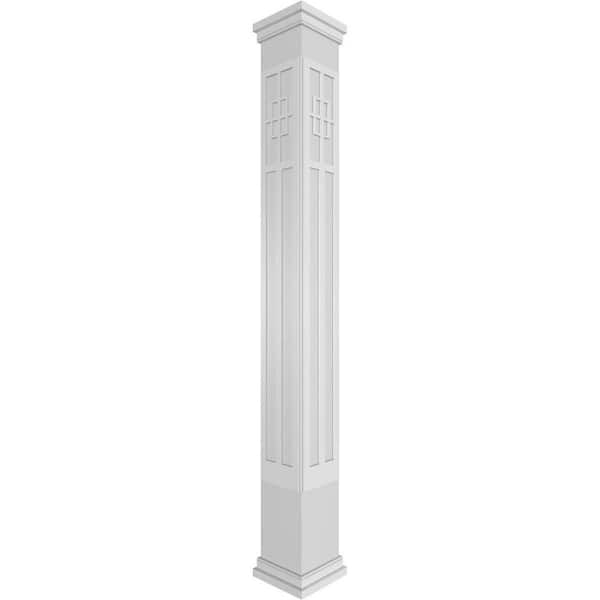 Ekena Millwork 11-5/8 in. x 10 ft. Square Non-Tapered San Antonio Mission Style Fretwork PVC Column Wrap Kit w/Prairie Capital and Base