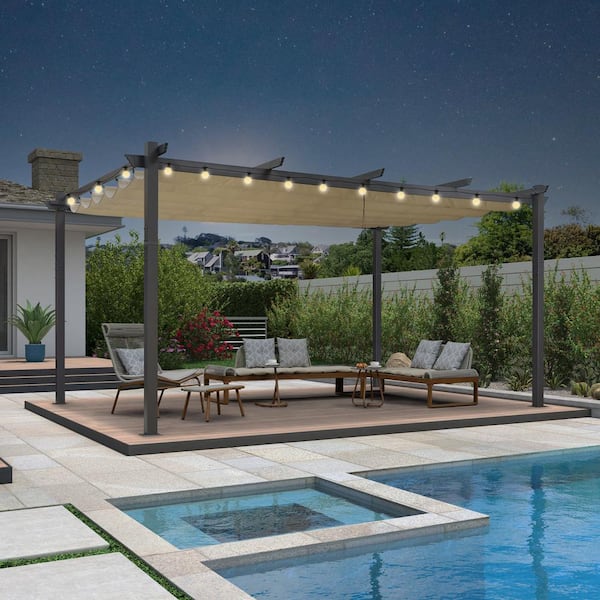 12 ft. x 16 ft. Gray Aluminum Frame Outdoor Patio Pergola with Beige Retractable Sun Shade Canopy and String Lights