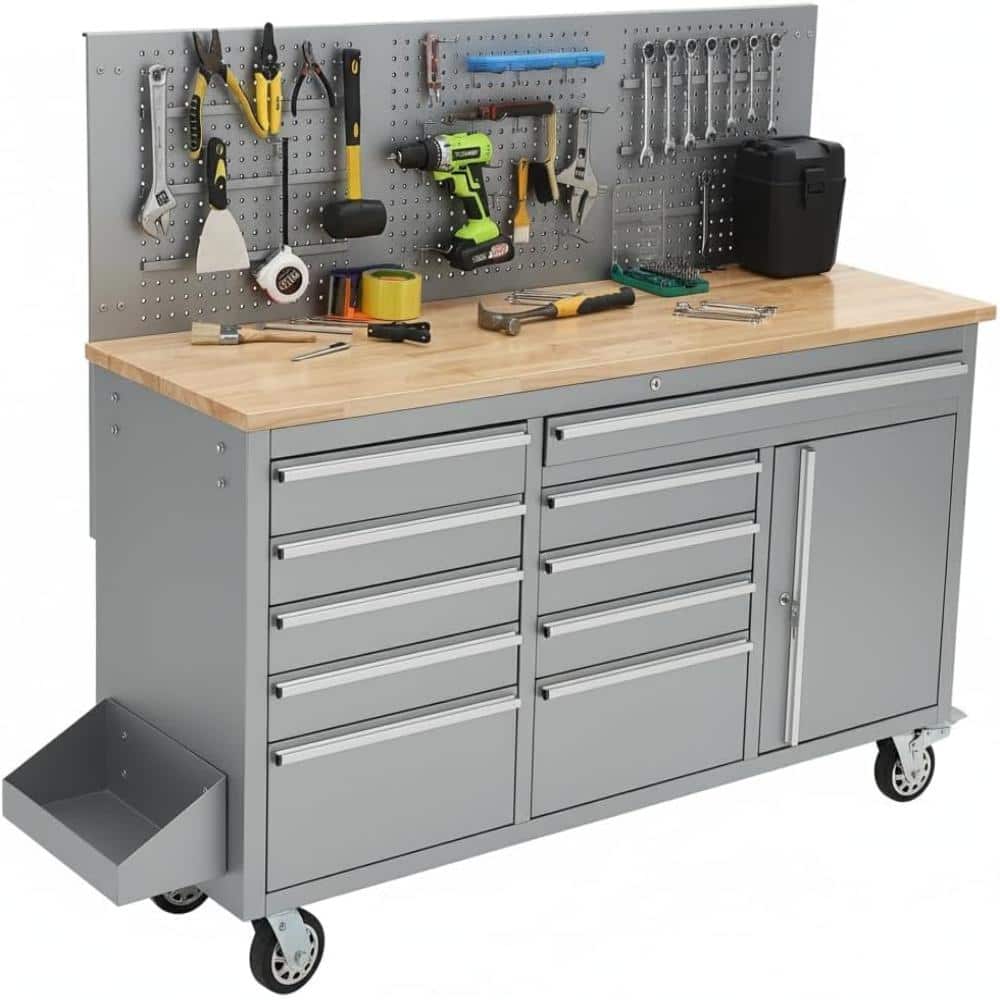 "Rubber Wood Workbench Silver 60"" 10-Drawer Steel Rolling Tool Chest Storage with Lock & Pegboard" price history on PriceWatchPro