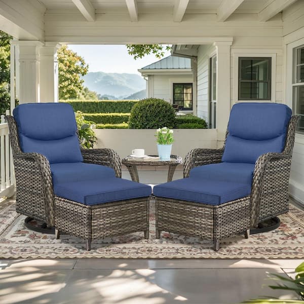 Opohoro Crescent Gray 5-Piece Wicker Swivel Rocker Patio Conversation Set with 5 in. Thick Navy Blue Cushions and Ottomans