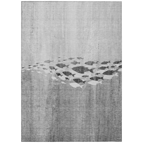Gray, Silver, Charcoal 9 ft. x 12 ft. Woven Geometric Polyester Rectangle Indoor/Outdoor Area Rug