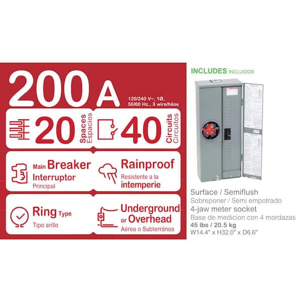 Homeline 200 Amp 20-Space 40-Circuit Outdoor Ring Type Overhead/Underground Main Breaker CSED with Kit