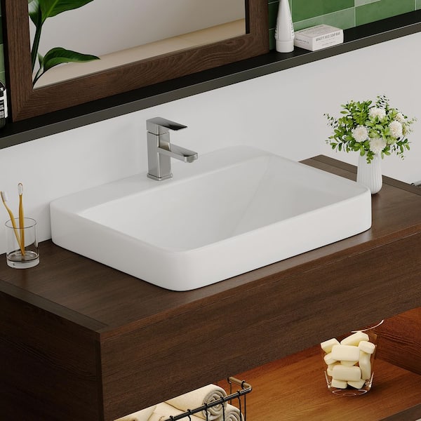 Eridanus Reno 24 in. W Semi-Recessed Vessel Bathroom Sink in White Vitreous China, with Faucet Hole