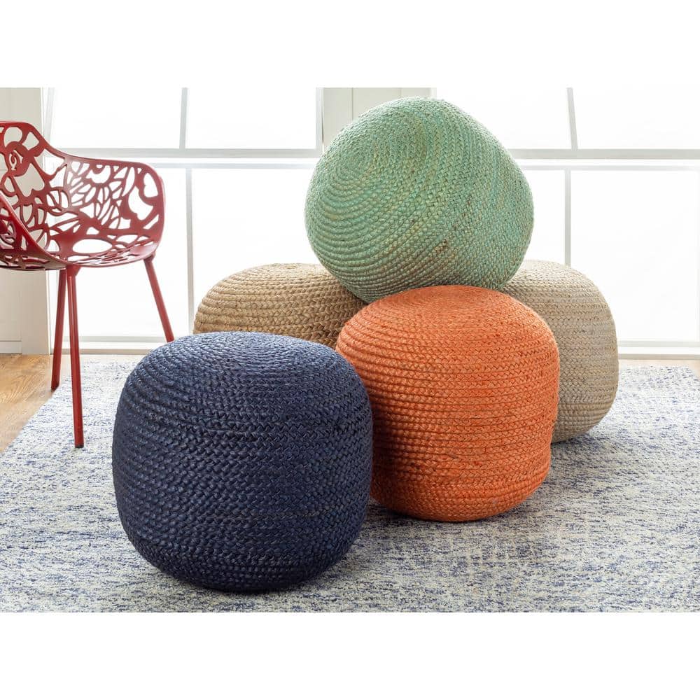 Aqua Round Jute Upholstered Pouf with Polystyrene Beans