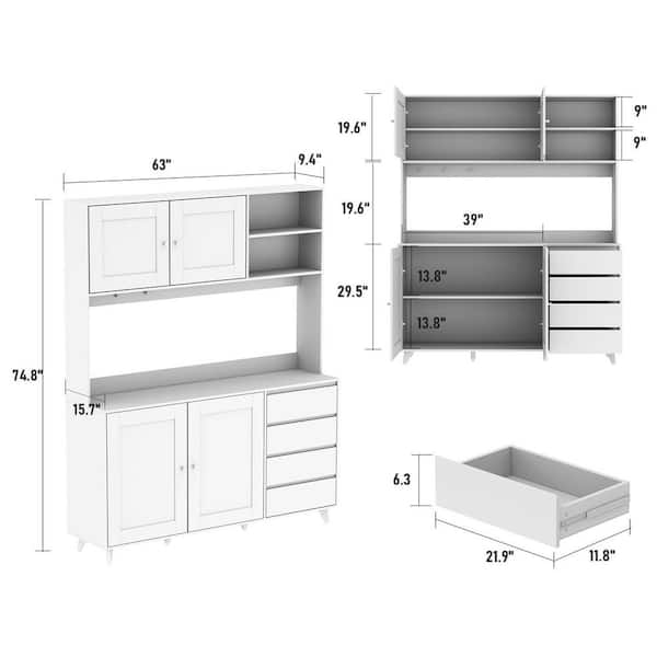 FUFU&GAGA Glass Doors Large Pantry Kitchen Cabinet Buffet with 4-Drawers,  Hooks, Open Shelves 74.8 in. H x 63 in. W x 15.7 in. D KF210128-045-KPL1 -  The Home Depot