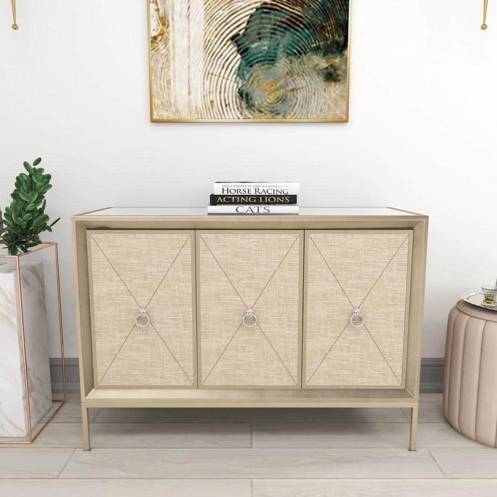 Gray Upholstered 3-Door Cabinet with Mirrored Top and Ring Handles