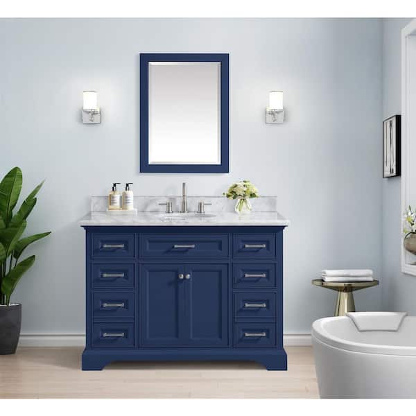 Home Decorators Collection Windlowe 49 in. W x 22 in. D x 35 in. H Bath Vanity in Navy Blue with Carrara Marble Vanity Top in White with White Sink