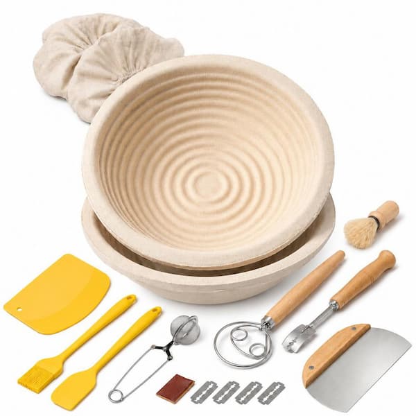 Natural Wood Pulp Round Banneton Bread Proofing Basket Set, 2-Pack 9 in. Baskets for Sourdough Baking Kit