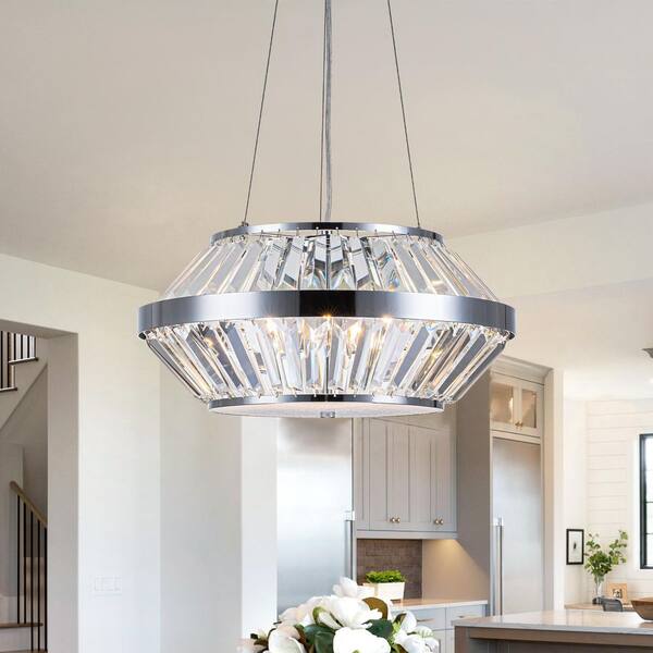 MENCOLULU 17.71 in. 5-Light Modern Chrome Drum Pendant Light Chandelier with Crystal Shade for Dining, Living Room, Kitchen